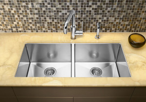 double kitchen sink and faucet on display at the Immerse Showroom