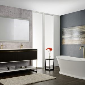 bath tub, vanity, and mirror on display at the immerse showroom in st louis