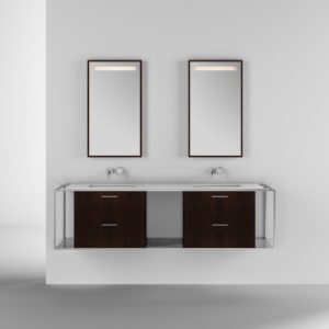 double sink vanity and mirrors on display at the immerse showroom in st louis