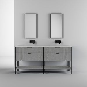double sink vanity and set of mirrors on display at the immerse gallery showroom