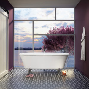 tub in designed bathroom space on display at the immerse gallery