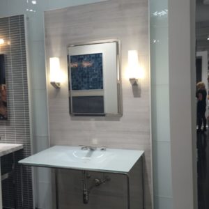 luxury bathroom vanity, sink, and faucet on display at the immerse showroom in st. louis