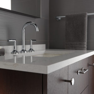 designer bathroom faucet, sink, and vanity on display at the immerse showroom in st. louis