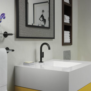designer bathroom faucet, sink, and accessories on display at the immerse showroom in st. louis