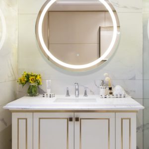 lighted led mirror and bath vanity on display at the immerse showroom in st. louis