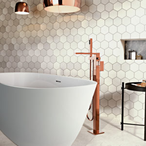 freestanding tub in designed bathroom space on display at the immerse showroom