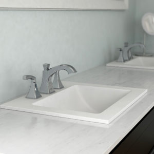 double sink vanity and faucets on on display at the immerse fixtures showroom