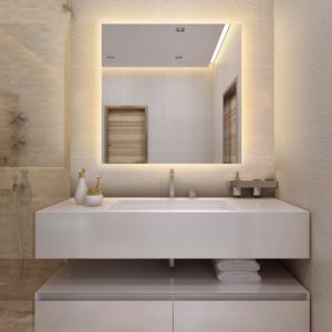 lighted mirror and luxury vanity on display at the immerse furniture showroom