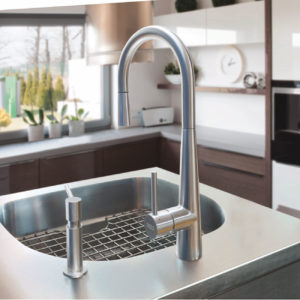 steel kitchen faucet and sink on display at the immerse showroom in st. louis