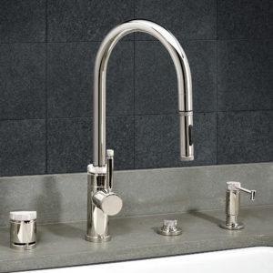 waterstone pulldown suite faucet on display at the immerse showroom in st. louis