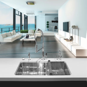 kubus sink and faucet on display in designed kitchen space
