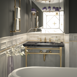 beautiful luxury sink, faucet, and mirror in designer bathroom