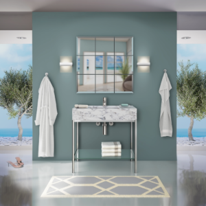 luxury bathroom sink and vanity top in designed bathroom space at immerse
