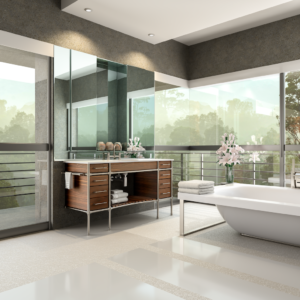 luxury vanity, bath tub, sink, accessories, and mirror in designed bathroom space