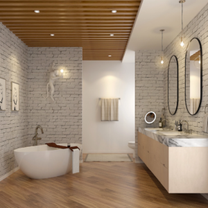 designer bathroom with tub, vanity, mirrors, and accessories at the immerse showroom