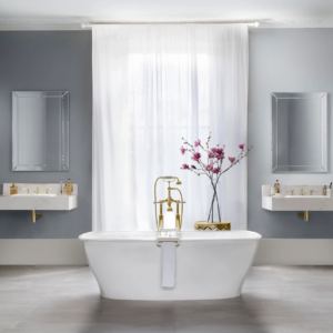luxury granite vanity countertops and bath tub in designed space at immerse showroom