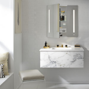 mirror, medicine cabinet, vanity, and sink at the immerse kitchen and bath showroom