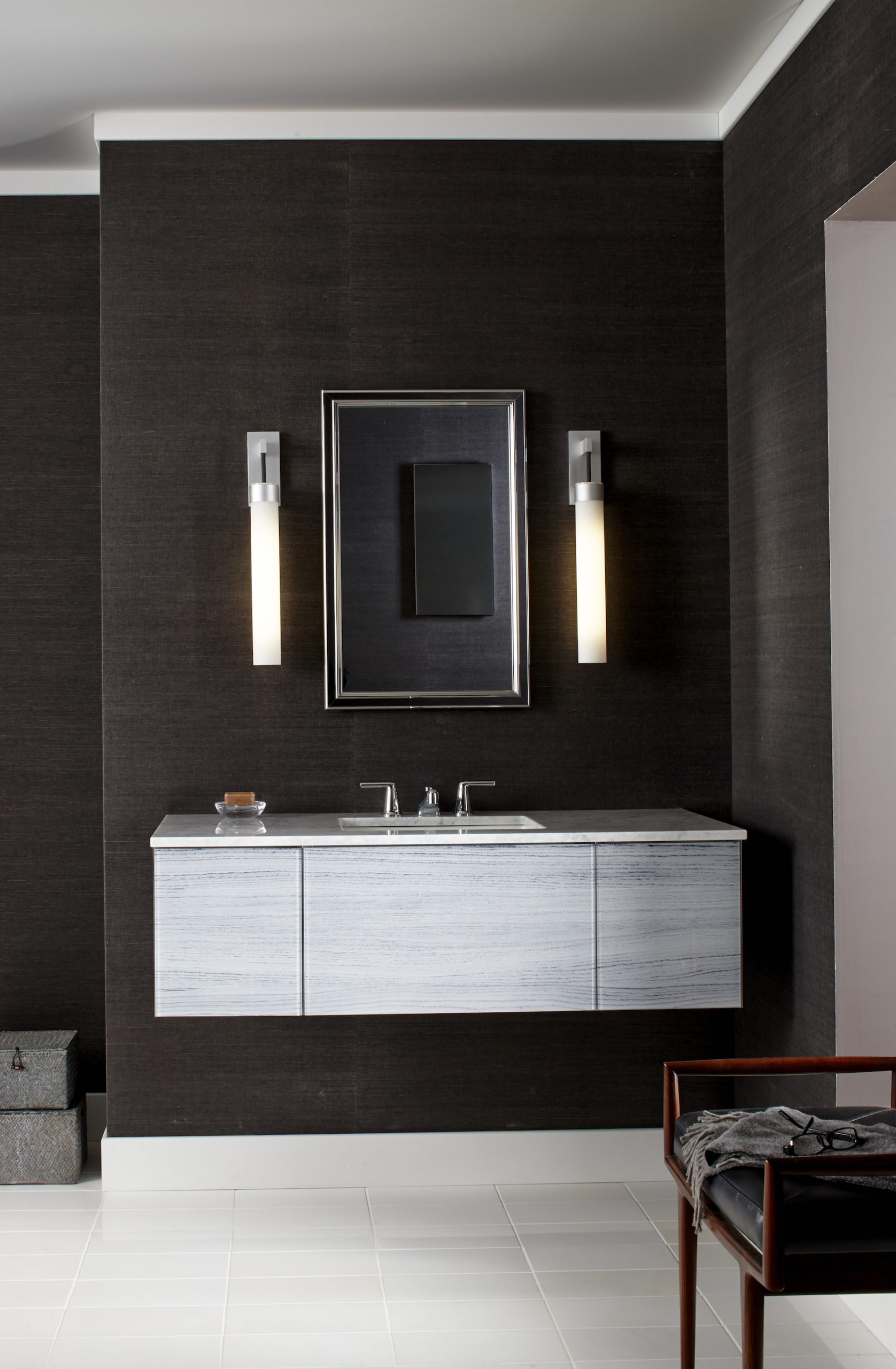 vanity, sink, mirror, and lighting at the immerse kitchen and bathroom showroom in st. louis