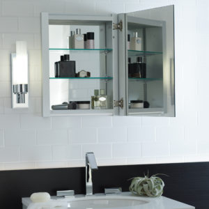 medicine cabinet, mirror, vanity, and sink at the immerse kitchen and bath showroom