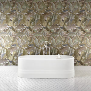 high end bath tub and designer faucet and wallpaper at the immerse product showroom in st. louis