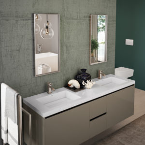 vanity and mirror at the immerse bathroom showroom in st. louis