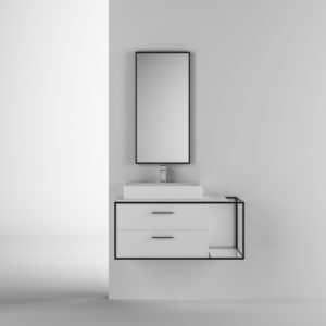 mirror and vanity at the immerse bathroom showroom in st. louis