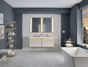 bathroom vanity, mirror, and tub on display at immerse