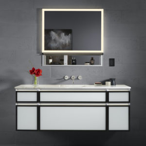 bathroom vanity, sink, and mirror on display at the immerse showroom