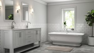 Designer bathroom with luxury vanities and bath tub