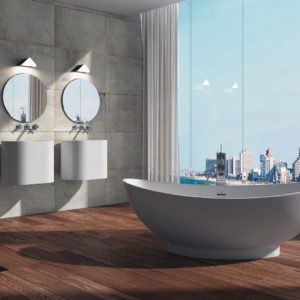 freestanding bath tub on display at the Immerse Showroom in St. Louis