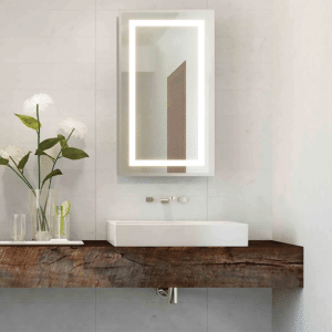 Vertical LED medicine cabinet with a rectangular light border mounted over a white vessel sink on a rustic wood floating vanity.