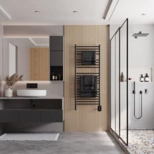 Designer bathroom space with vanities and a walk in shower